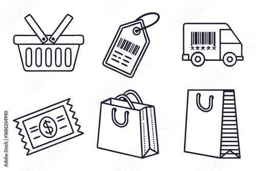 Vector art of shopping basket, bag, delivery truck, box, tag and receipt
