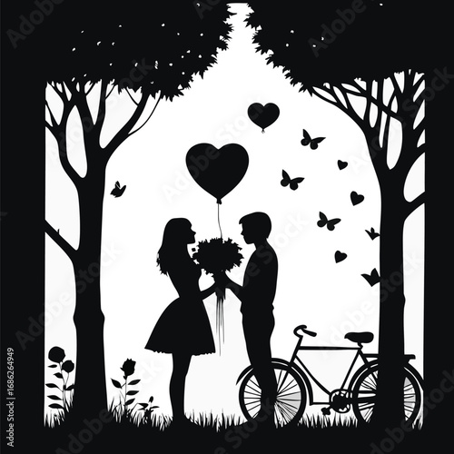 Romantic Silhouette Scene Young Couple Bicycle Heart Balloon Blossoming Trees Butterflies and Love in a Dreamy Black and White Landscape