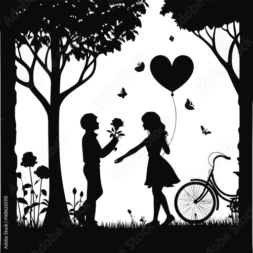Romantic Silhouette Scene Young Couple Bicycle Heart Balloon Blossoming Trees Butterflies and Love in a Dreamy Black and White Landscape