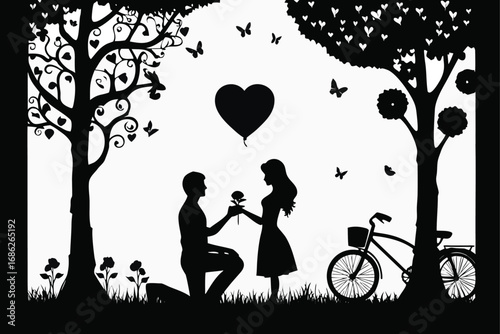Romantic Silhouette Scene Young Couple Bicycle Heart Balloon Blossoming Trees Butterflies and Love in a Dreamy Black and White Landscape