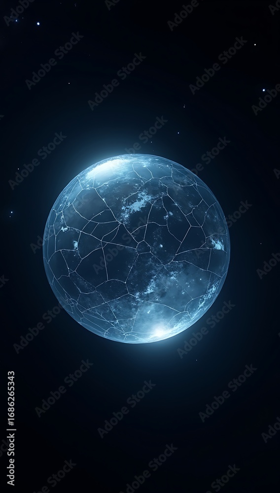 Fototapeta premium A cracked glass globe floating in space with glowing cracks, symbolizing fragile Earth and global environmental crisis.
