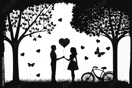 Romantic Silhouette Scene Young Couple Bicycle Heart Balloon Blossoming Trees Butterflies and Love in a Dreamy Black and White Landscape