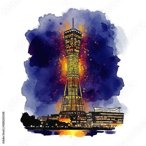 A vibrant watercolor illustration of the iconic Kobe Port Tower illuminated against a dramatic dark blue and orange night sky.