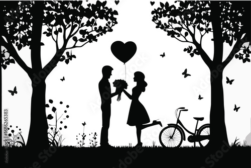 Romantic Silhouette Scene Young Couple Bicycle Heart Balloon Blossoming Trees Butterflies and Love in a Dreamy Black and White Landscape
