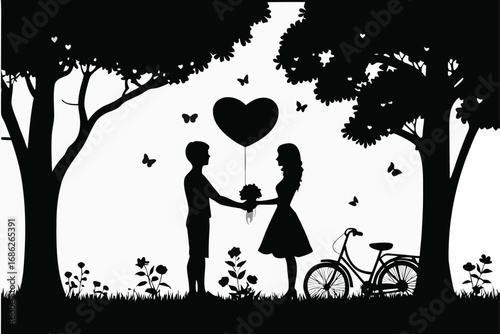 Romantic Silhouette Scene Young Couple Bicycle Heart Balloon Blossoming Trees Butterflies and Love in a Dreamy Black and White Landscape