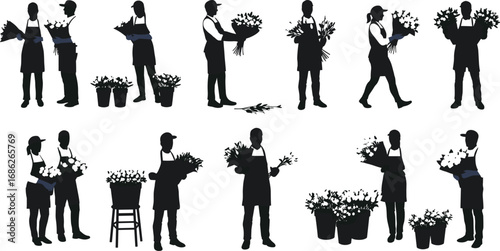 Flower shop vector illustrations, florist with bouquet, fresh flowers, floral arrangements, flower market, flower vendor, flower buckets, bouquet seller, gardening, flower