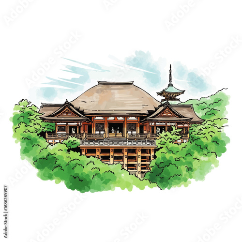 A beautiful watercolor illustration of a traditional Japanese temple and pagoda nestled in lush green trees.