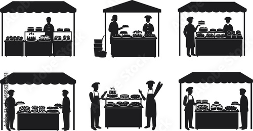 Bakery market stall vector illustration, bread and cake vendor shop, fresh baked goods selling, food market outdoor stand, baker and customer buying bread