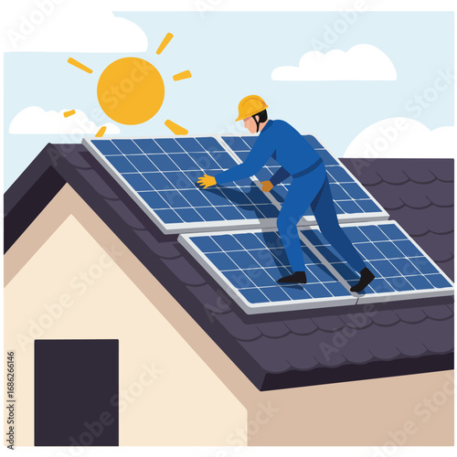 A worker in blue jumpsuit and helmet installs solar panels on a roof beneath a sun and clouds