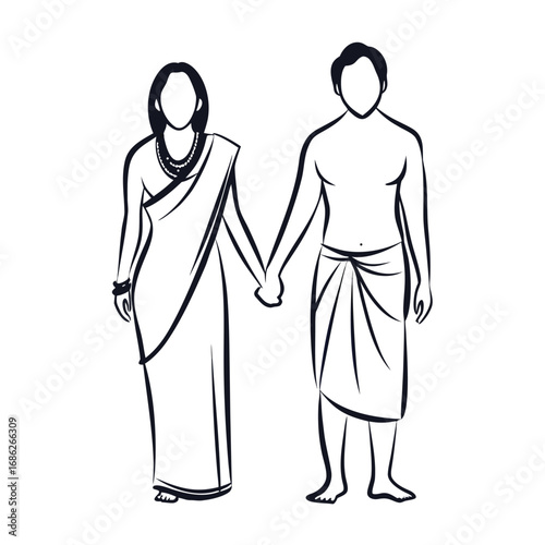 Elegant Indian Couple Holding Hands in Traditional Attire Simple Line Art Depiction Symbolizing Love, Marriage, and Cultural Heritage