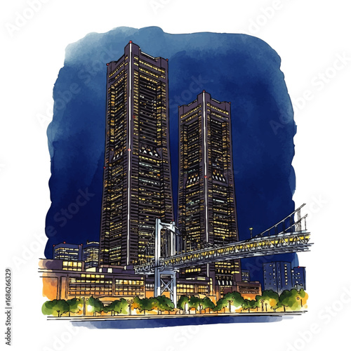 Watercolor illustration of two illuminated skyscrapers connected by a bridge at night, with waterfront trees and city lights.