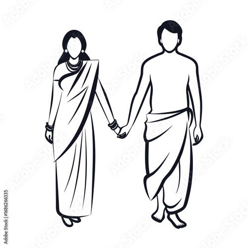 Elegant Indian Couple Holding Hands in Traditional Attire Simple Line Art Depiction Symbolizing Love, Marriage, and Cultural Heritage