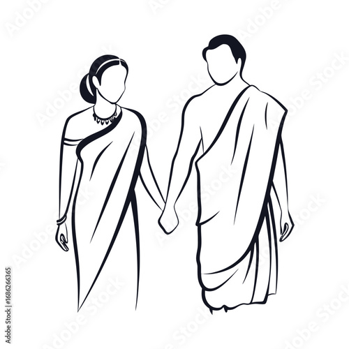 Elegant Indian Couple Holding Hands in Traditional Attire Simple Line Art Depiction Symbolizing Love, Marriage, and Cultural Heritage