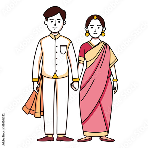 Delightful Cartoon Couple in Traditional Indian Attire Expressing Love and Togetherness with Smiles and Hand Holding Poses Depicted on a White Background