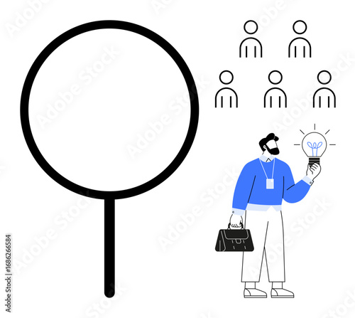 Magnifying glass, business person holding lightbulb, group of people representing team or audience. Ideal for recruitment, team building, brainstorming, talent search, leadership, innovation simple