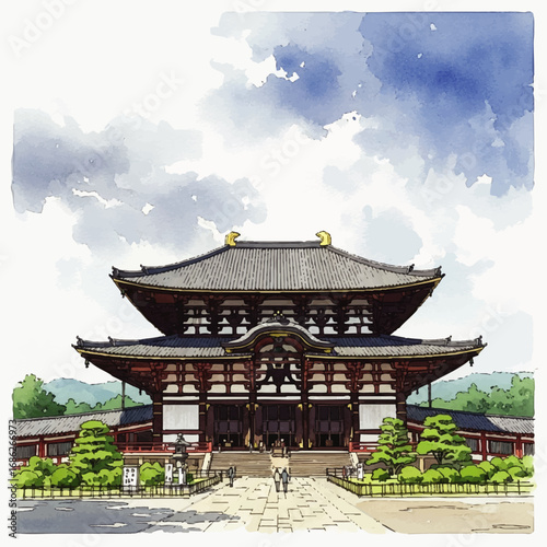 A watercolor illustration of the historic Tōdai-ji temple in Nara, Japan, under a cloudy sky.