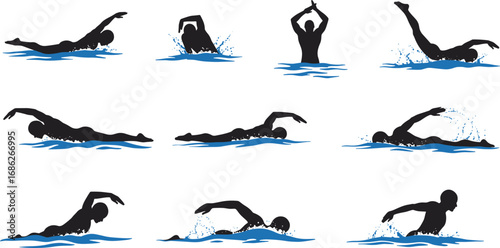 Silhouettes of professional swimmers performing different swimming strokes, freestyle, butterfly, breaststroke, and backstroke techniques in water, swimming poses, aquatic sports illustration