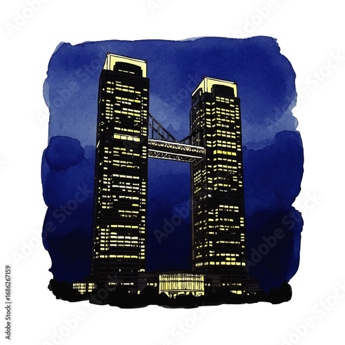 Two illuminated skyscrapers connected by a bridge, set against a dark watercolor sky.