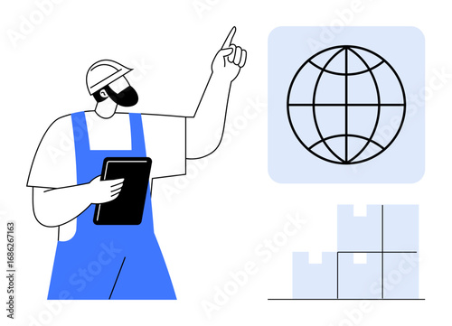 Worker in blue overalls holds a tablet, pointing to a globe. Stacked boxes nearby suggest logistics and storage. Ideal for supply chain, global trade, freight, industry, teamwork, strategy simple