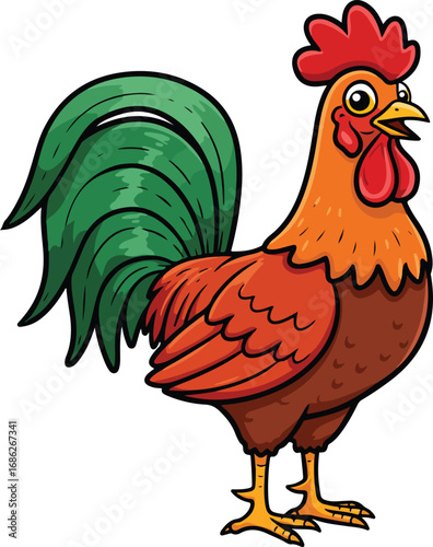 A colorful and proud rooster, standing and facing sideways