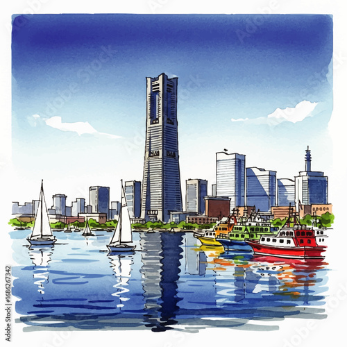 Yokohama waterfront cityscape with sailboats and the Yokohama Marine Tower prominent.