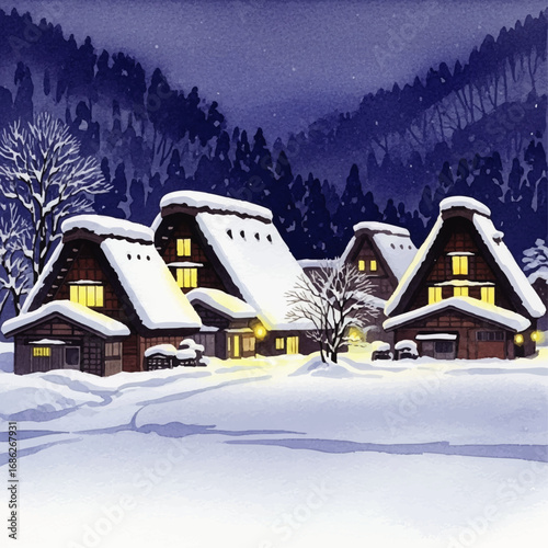 Illustration of snow-covered traditional Japanese houses with thatched roofs, illuminated windows, and a snowy landscape at night.