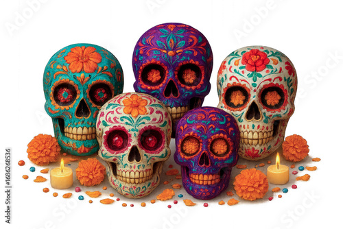 Traditional Mexican Sugar Skull for Day of the Dead / Día de los Muertos Isolated on Transparent Background, Ornate Decorative Calavera with Floral Designs, Cultural Symbol of Ancestry and Celebration