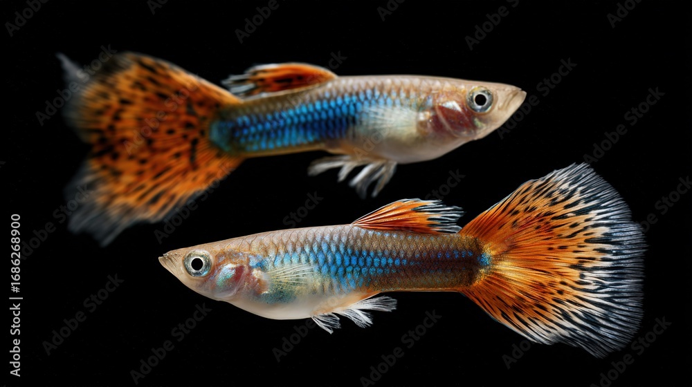 Fototapeta premium Two colorful guppy fish with vibrant orange and blue fins swim against dark black background showcasing intricate tail patterns