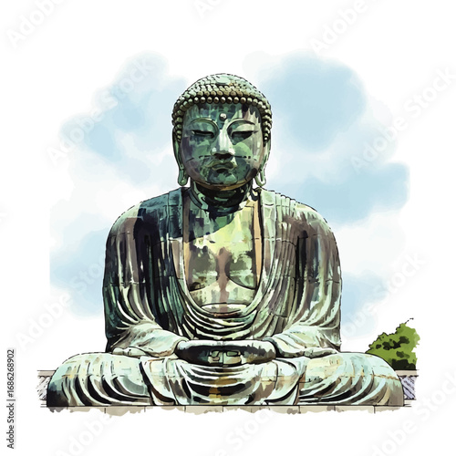 Illustration of a large bronze Buddha statue in a seated meditative pose against a cloudy sky background.