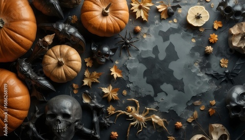 Dark Halloween Decor with Pumpkins Skulls and Scorpion