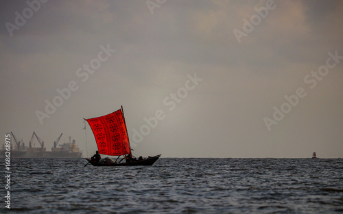 Landscape of Traditional Fishing Boat Sailing in the Bay of Bengal, Bangladesh