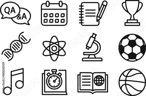 Collection of education and sport icons including dna, atom, microscope, trophy, calendar, notebook, music note, stopwatch, book, qa, soccer ball, and basketball isolated on white background