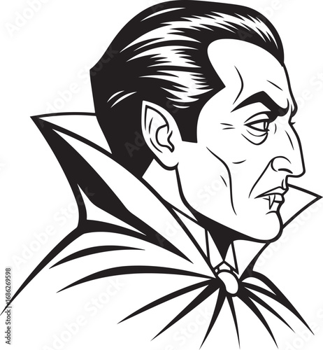 A stylized, black-and-white profile of a vampire with a prominent widow's peak and fangs.
