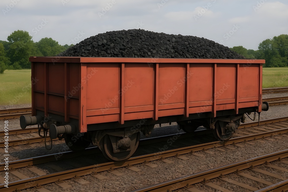 Fototapeta premium railway freight wagon filled with black coal on tracks