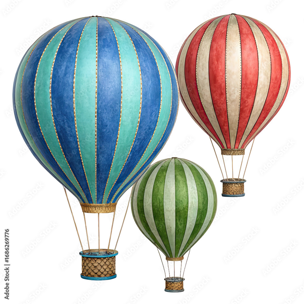 Obraz premium Three colorful hot air balloons with blue green and red stripes floating in the sky isolated on transparent background