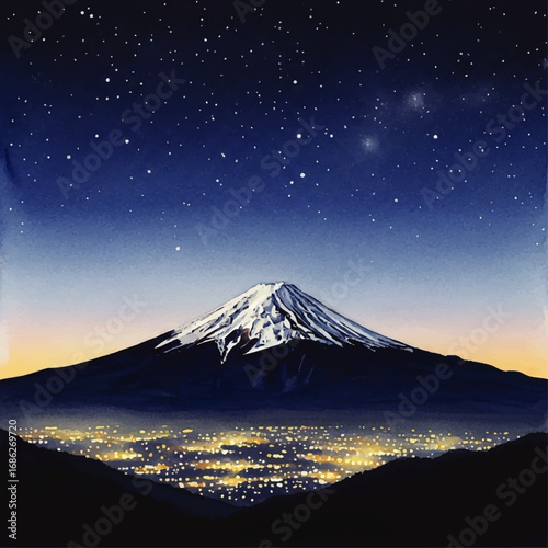 Majestic Mount Fuji at night, snow-capped peak dominates a sprawling city lightscape under a starlit sky.