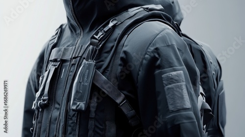 Close-up of tactical black jacket and backpack on an anonymous mannequin