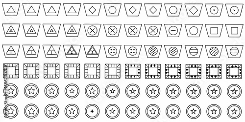 Collection of simple geometric shapes and icons in trapezoid frames