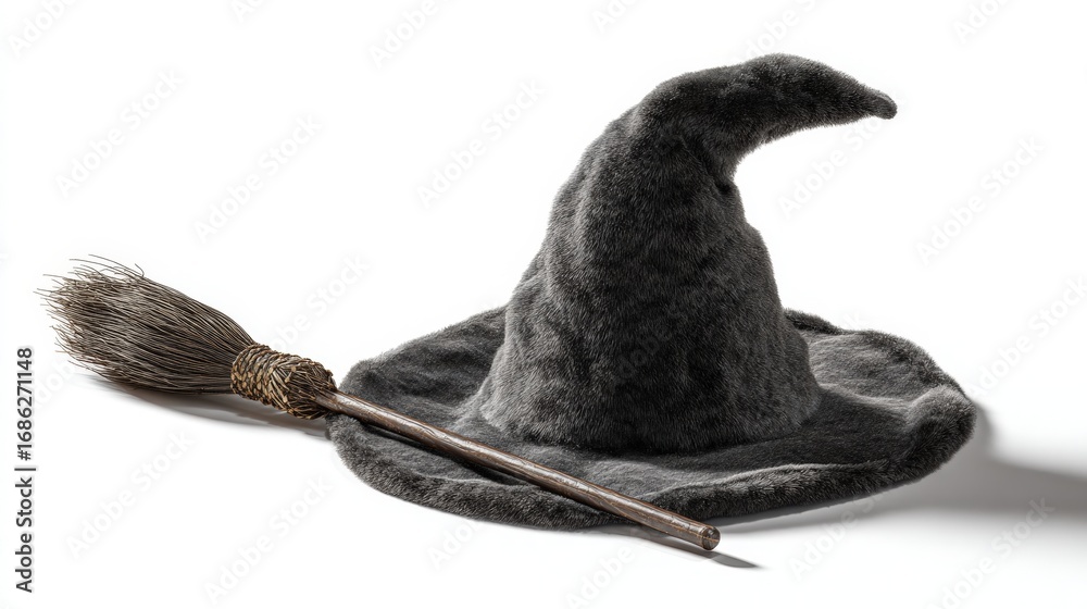Obraz premium Close-up of Witch Hat and Broomstick on White Surface with Soft Shadow Photorealistic Detail