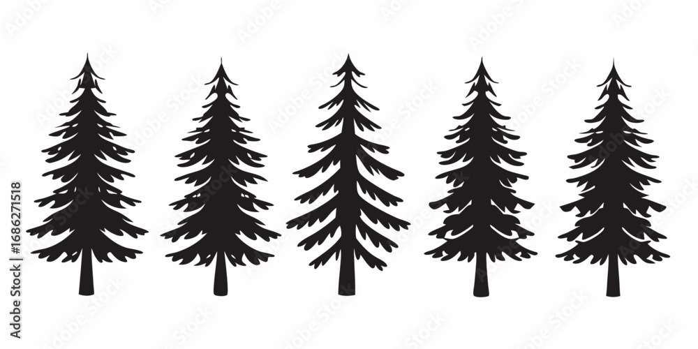 Row of black silhouette pine trees on white background