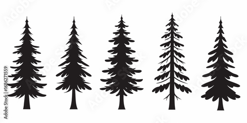 Collection of five black silhouette pine trees on a white background