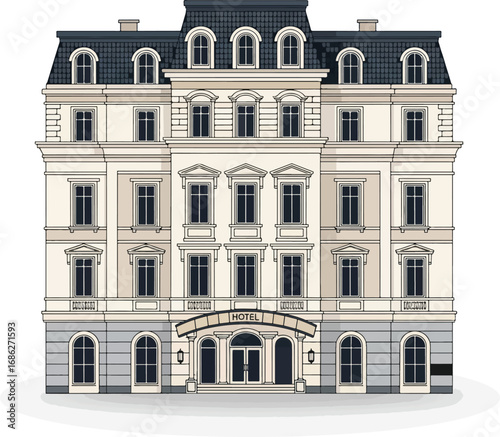  vintage European hotel with a Mansard roof and a classic facade