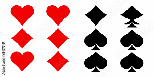 Collection of red hearts diamonds and black spades card suits