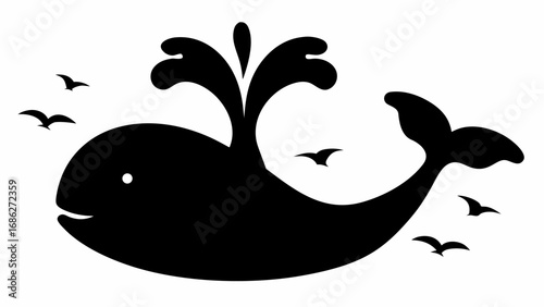 Silhouette of a whale spouting water with several birds flying around it on a white background drawing