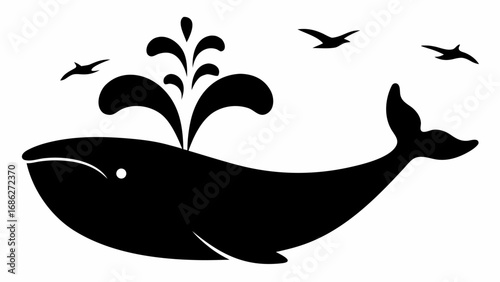 Silhouette of a whale spouting water with birds flying above in a simple black and white illustration