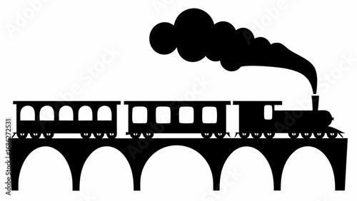 A black silhouette of a steam train with two carriages on a bridge with smoke billowing from the engine