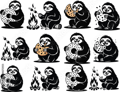 Black sloths enjoying donuts and marshmallows white