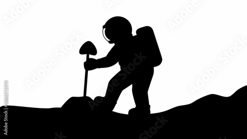 Silhouette of an astronaut digging on a lunar surface with a shovel in a black and white space scene image