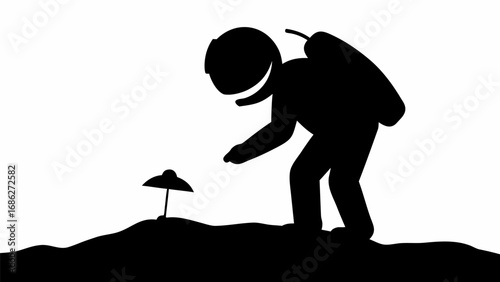 Silhouette of astronaut examining small plant on a desolate landscape in black and white minimalist style