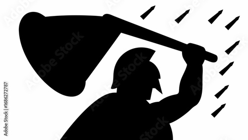 Silhouette of spartan warrior wielding a large axe amidst falling projectiles in a monochrome illustration